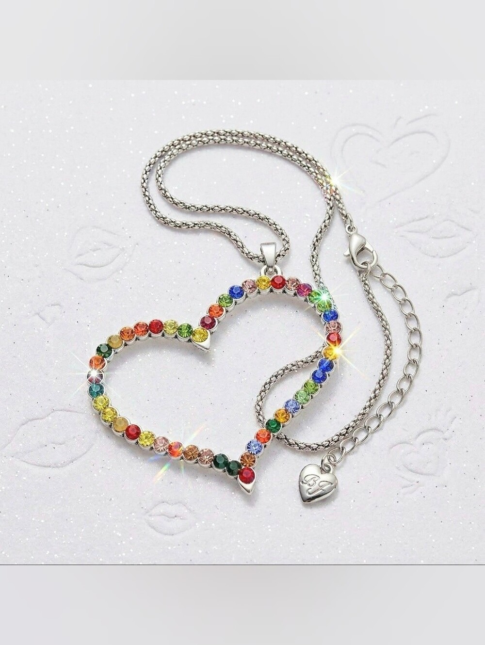 Silver rainbow crystal heart necklace